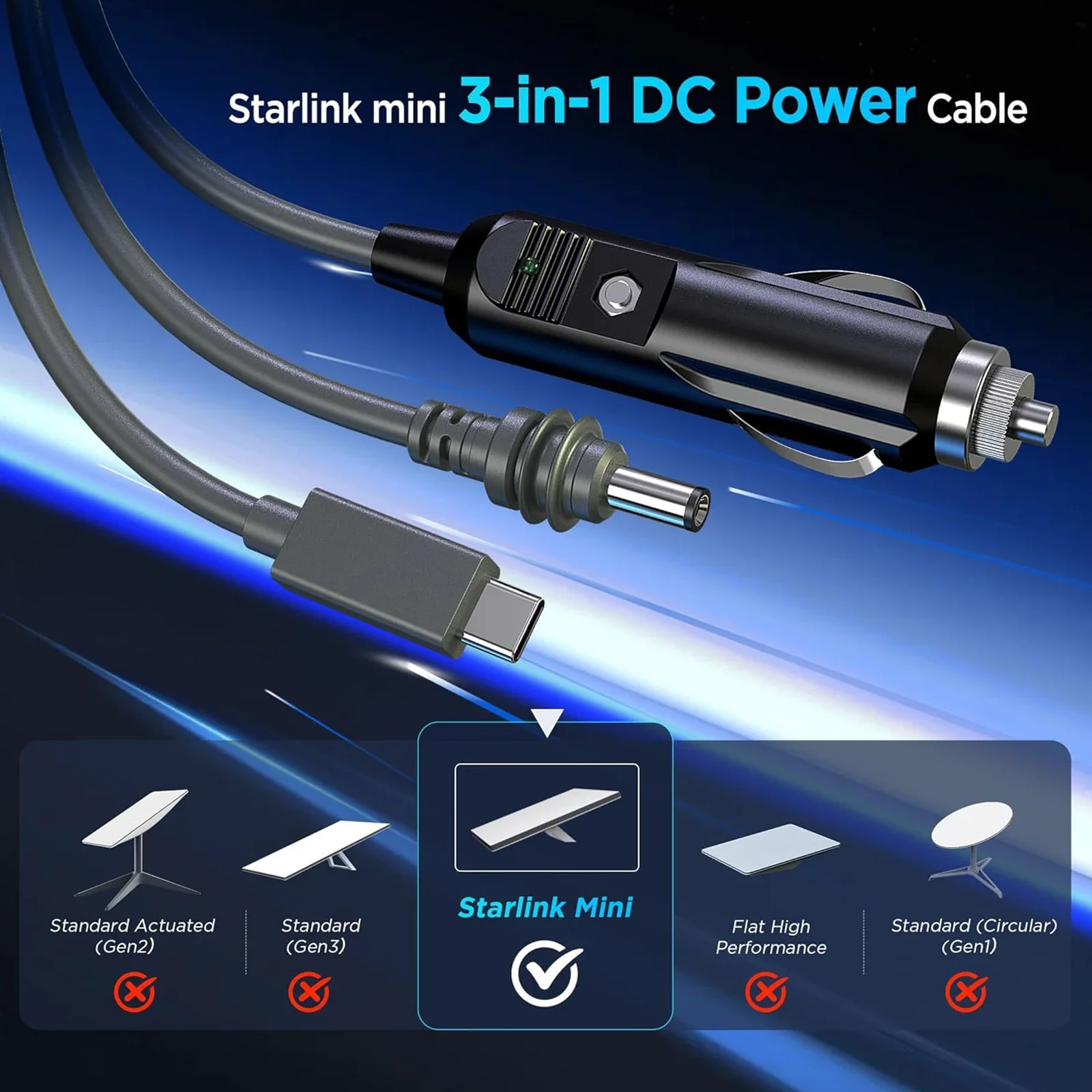 EDUP SK0101-5M Starlink Mini 100W 3-in-1 Power Cable Heavy Duty Stable Safe Efficient 5M Car Charger DC Cable Type-C to DC