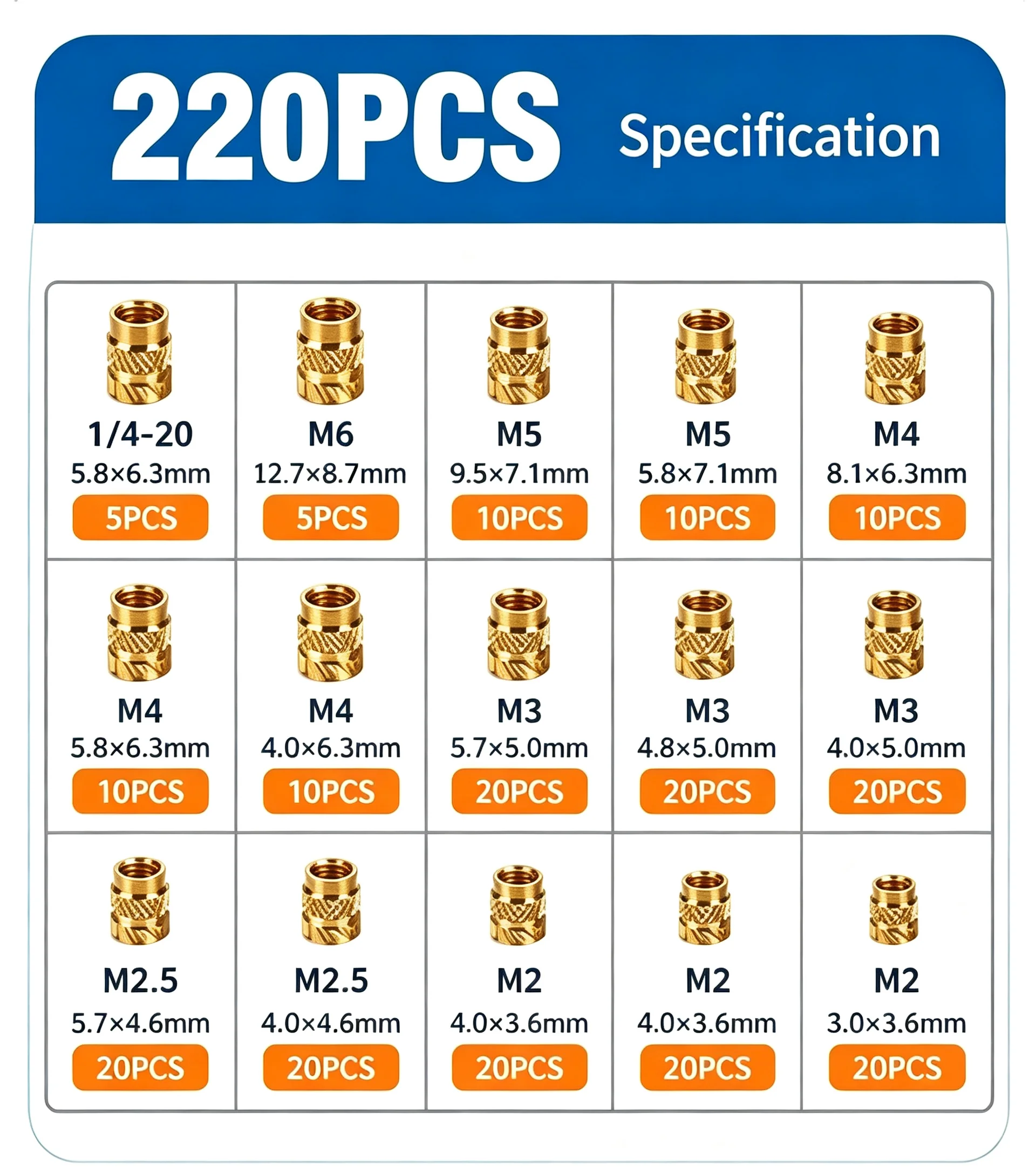 Brass Heat Set Inserts Kit M2 M2.5 M3 M4 M5 M6 Hot Melt Knurled Threaded Embedment Nuts for 3D Printer Plastic