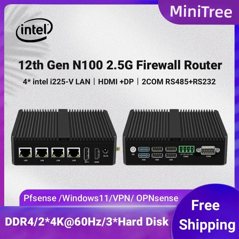 Intel N100 4xi225 2.5G Lan Mini Pfsense Firewall PC HD DP Celeron J4125 OpenWrt Mini computer industriale senza ventola RS232 RS485 4G