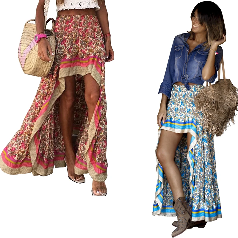 

Длинная юбка трапециевидной формы с высокой талией, женская новая хлопковая юбка с цветочным принтом, асимметричная винтажная юбка