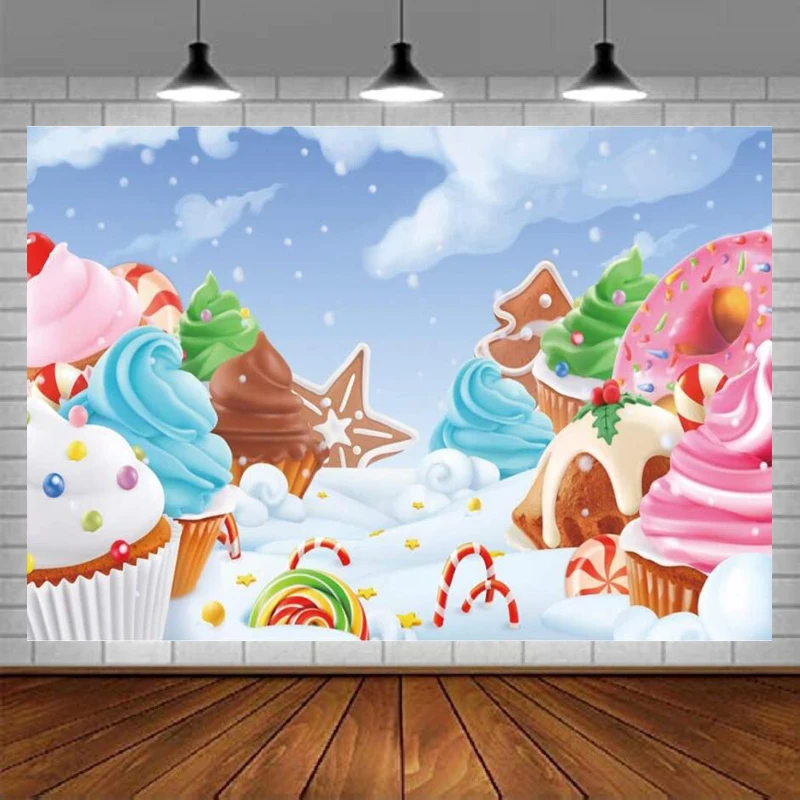 

Dessert Photography Backdrop Cupcake Donuts Ice Cream Gingerbread Falling Snow Background Baby Shower Birthday Cake Table Decor