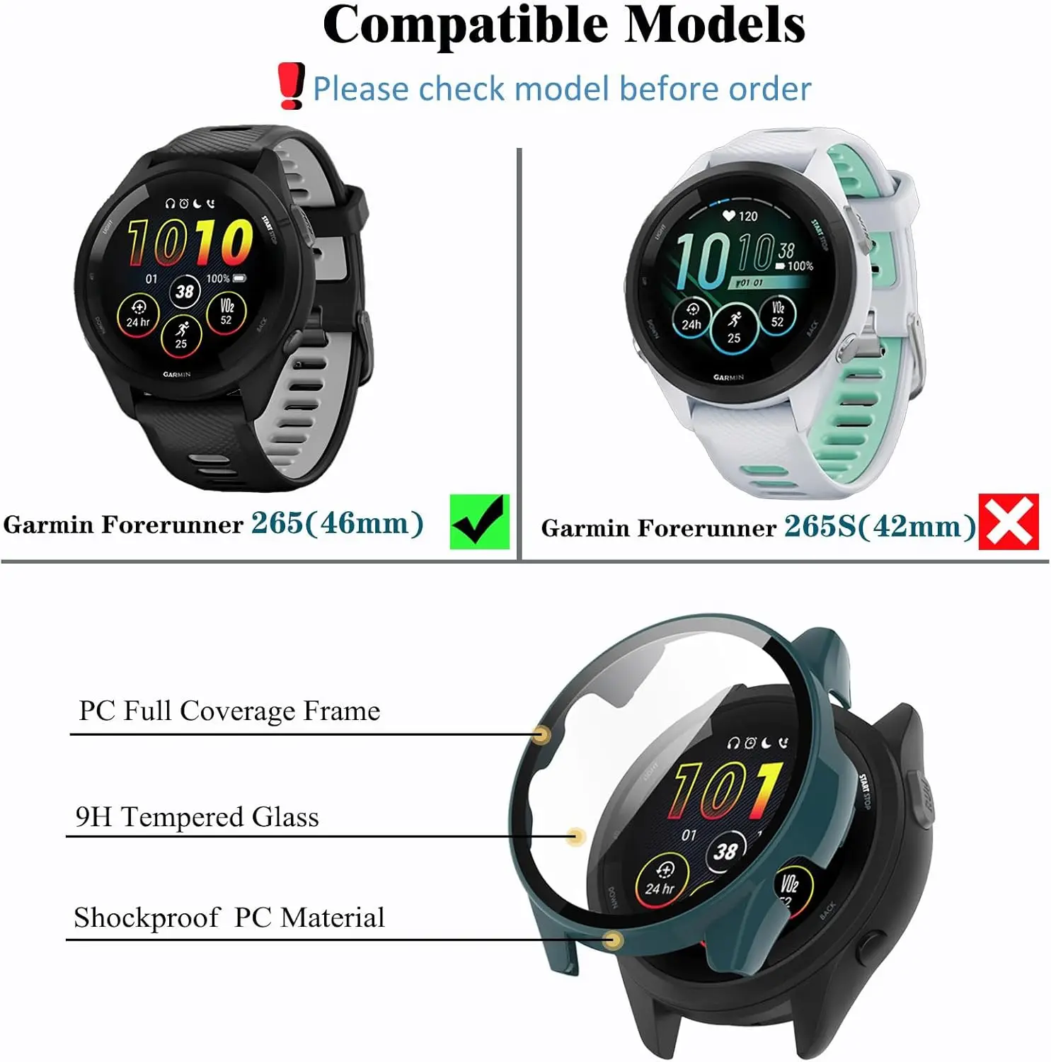 Gehärtetes Glas + PC-Hülle für Garmin Forerunner 265, Displayschutzfolie, Stoßstange für Garmin Forerunner 265, kratzfeste Schale – Detail 4