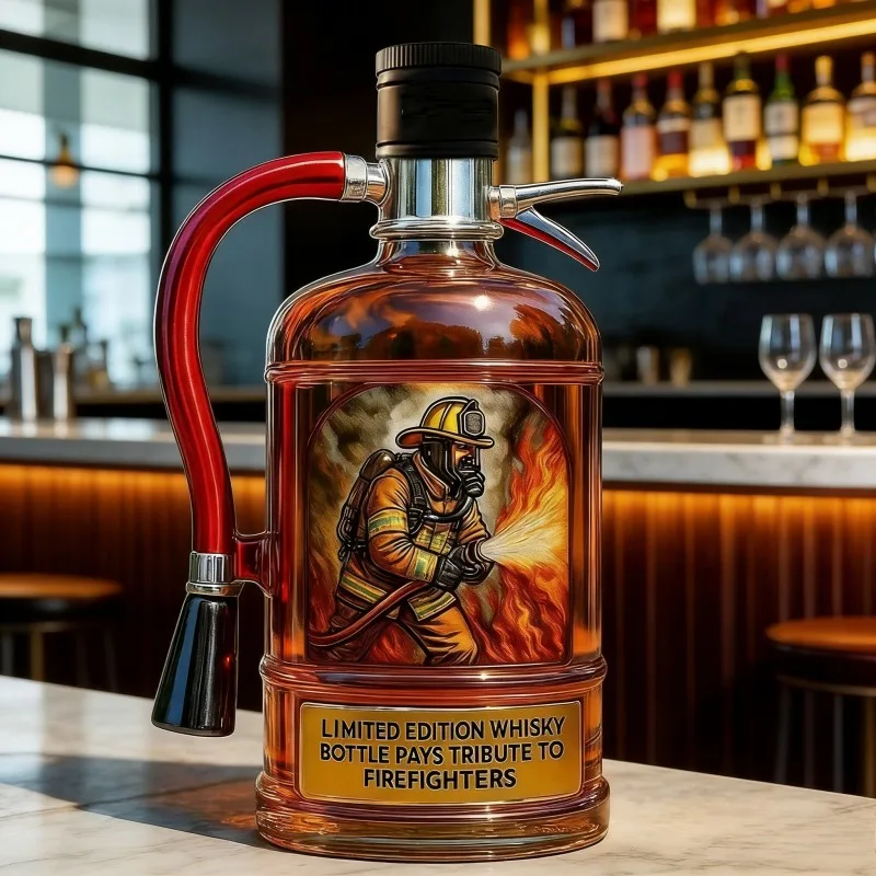 Whiskey Bottle Tribute to Firefighters, Collectible Fireman Themed Whisky Decanter with Fire Hose Design, Unique Gift
