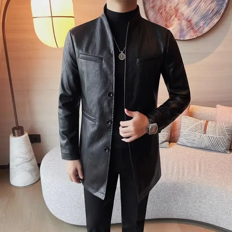 

LIBIELIY Men's High Quality Leather Jacket Black Stand Collar Long PU Trench Men Autumn Winter Slim Fit Casual Male Leather Outw