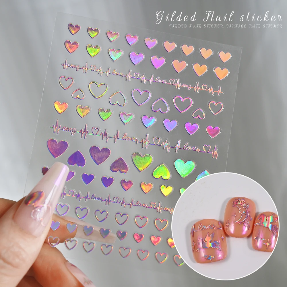 1pc Metallic Laser Hollow Love Heart Cardiogram Nail Art Stickers Holographic Stars Moon Adhesive Decals French Manicure Charms