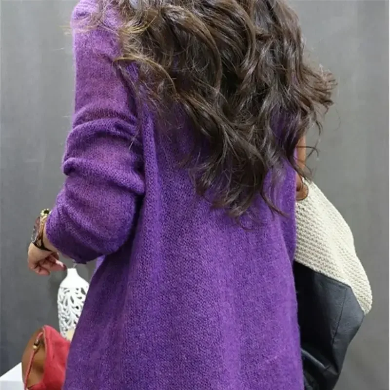 Fashion Spliced Mohair Pullover Women Causal Purple Womens Wool Sweater Autumn Winter Stacked Collar Cashmere Tops