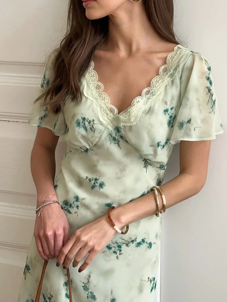 Tossy Floral Print Maxi Dress V Neck Lace Trim Puff Sleeve Short Sleeve Wrap Style Flowy Chiffon Party Clubwear Vacation Dress