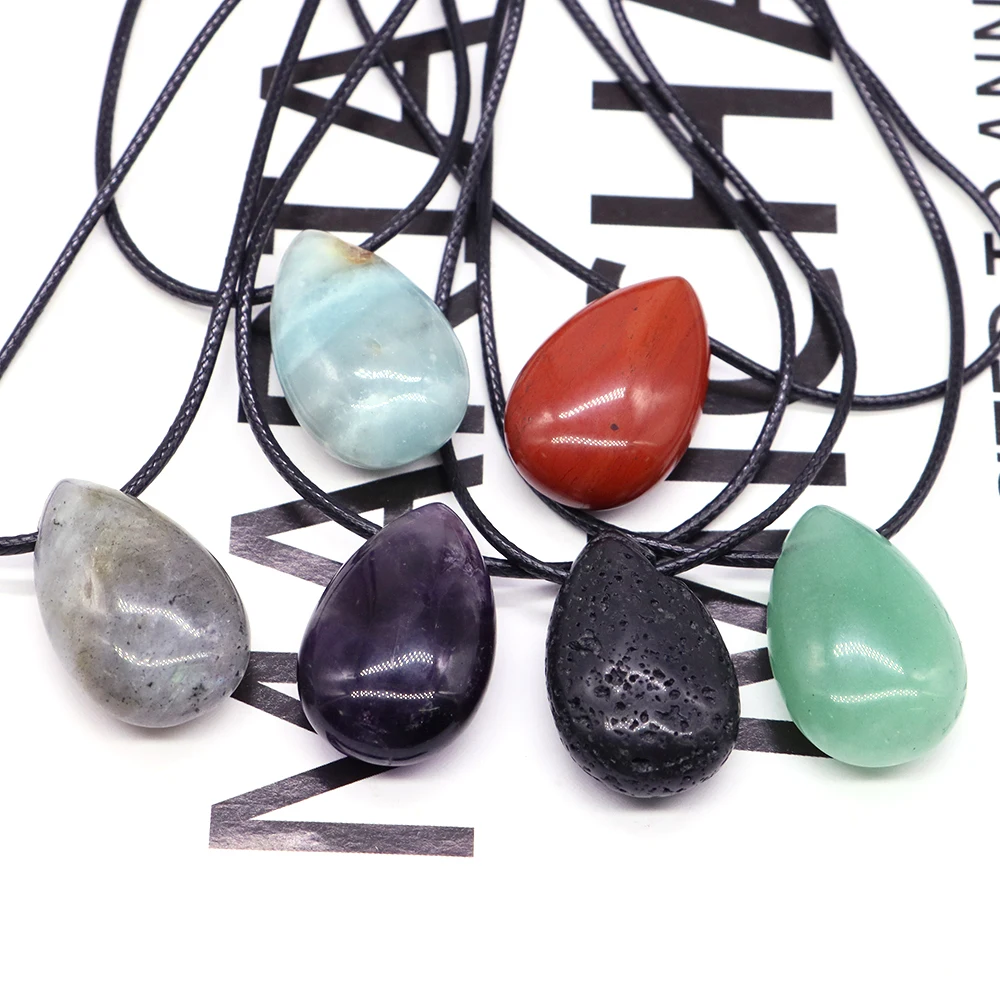 Healing Crystal Droplet Shape Pendant Leather Rope Long Necklace Natural Stone Bead Chain Women's Versatile Gemstone Accessories