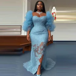 Aso Ebi Lace Evening Dresses Plus Size Women Mermaid Prom Dress Slit Sexy  Ruffles Long Sleeves African Women Birthday Gowns