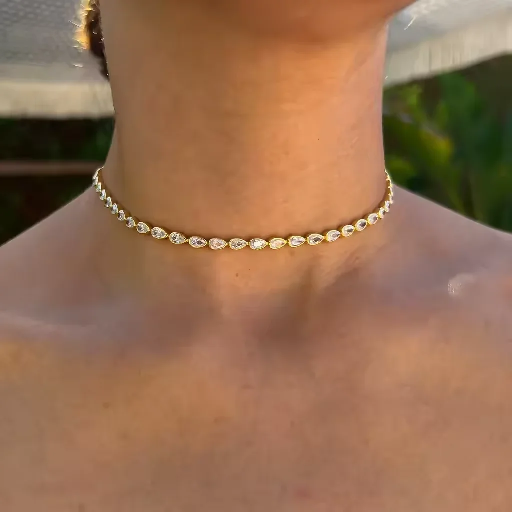 Gold Color Women Choker Necklace Green White Cubic Zirconia CZ Bezel Set Tennis Chain Collar Jewelry