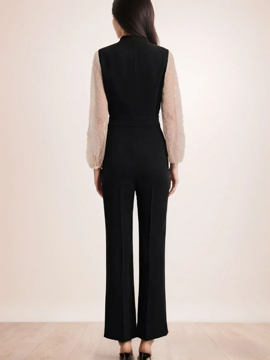 กางเกงขายาวทรงเอวสูงผ้าบางประดับเพชรแบบติดกาว รุ่นใหม่สำหรับผู้หญิง ฤดูใบไม้ผลิและฤดูใบไม้ร่วง คอเสื้อแบบสูท ผ้าอะซิเตท