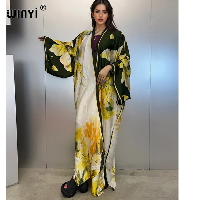 WINYI kimono boho kaftan beachwear Cardigan sexy loose swimsuit evening dress abaya cover-ups beach outfits women maxi Caftan