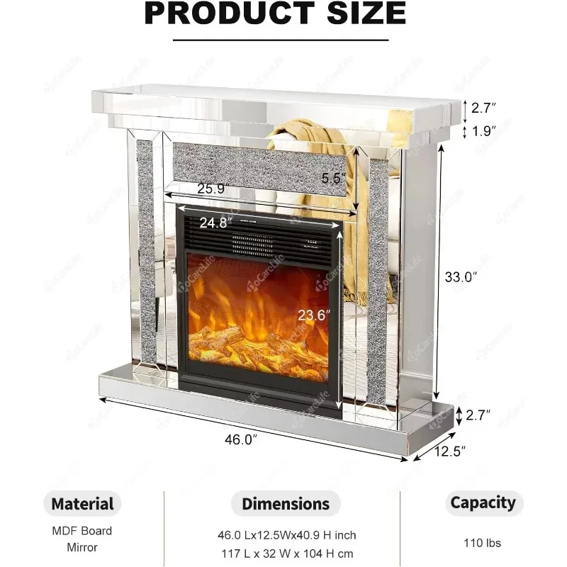 Customized modern fireplace home furniture TV stand led heater corner cabinet firebox crystal mirrored electric fireplace