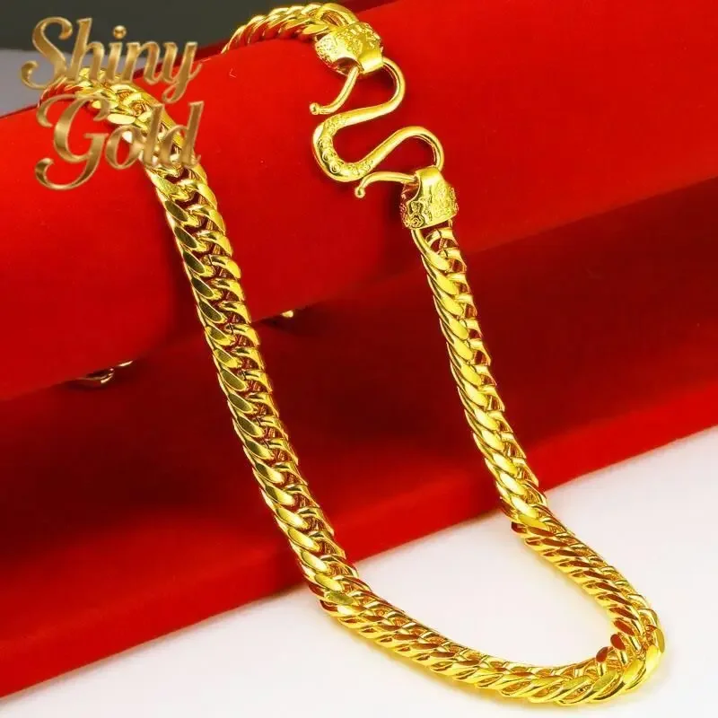 ShinyGoldLuxury fashion 9999 24K real gold Europe and the United States flat necklace Fu buckle the boss bracelet for men