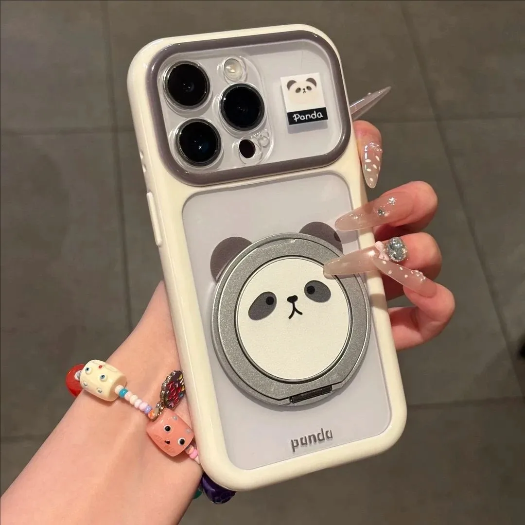 Cute Panda Rotatable Ring Kickstand Phone Case For iPhone 17 Air 16 15 14 Plus 13 12 11  Pro Max Clear Transparent Bumper Cover