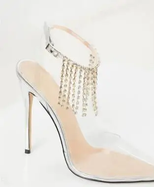 Drop Shipping Transparent PVC Bling Crystal Tassel Pointed Toe Ankle Strap Thin Heels Summer Sandals Women Elastic Band Pumps