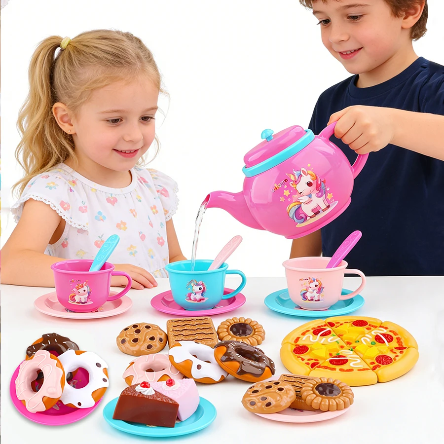 Girls' Afternoon Tea Toys, Party House Sets, 25 Pieces of Simulated Desserts, Cakes, Coffee, and Tea, Girls' Holiday Gifts