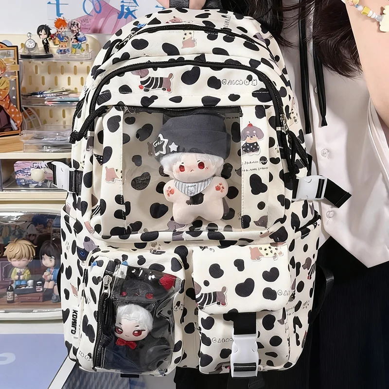 

HAEX Kawaii Leopard Women Backpack 2025 Transparent Doll Show Ita Bags Female Large Capacity Students Commute Pockets Laptop Bag