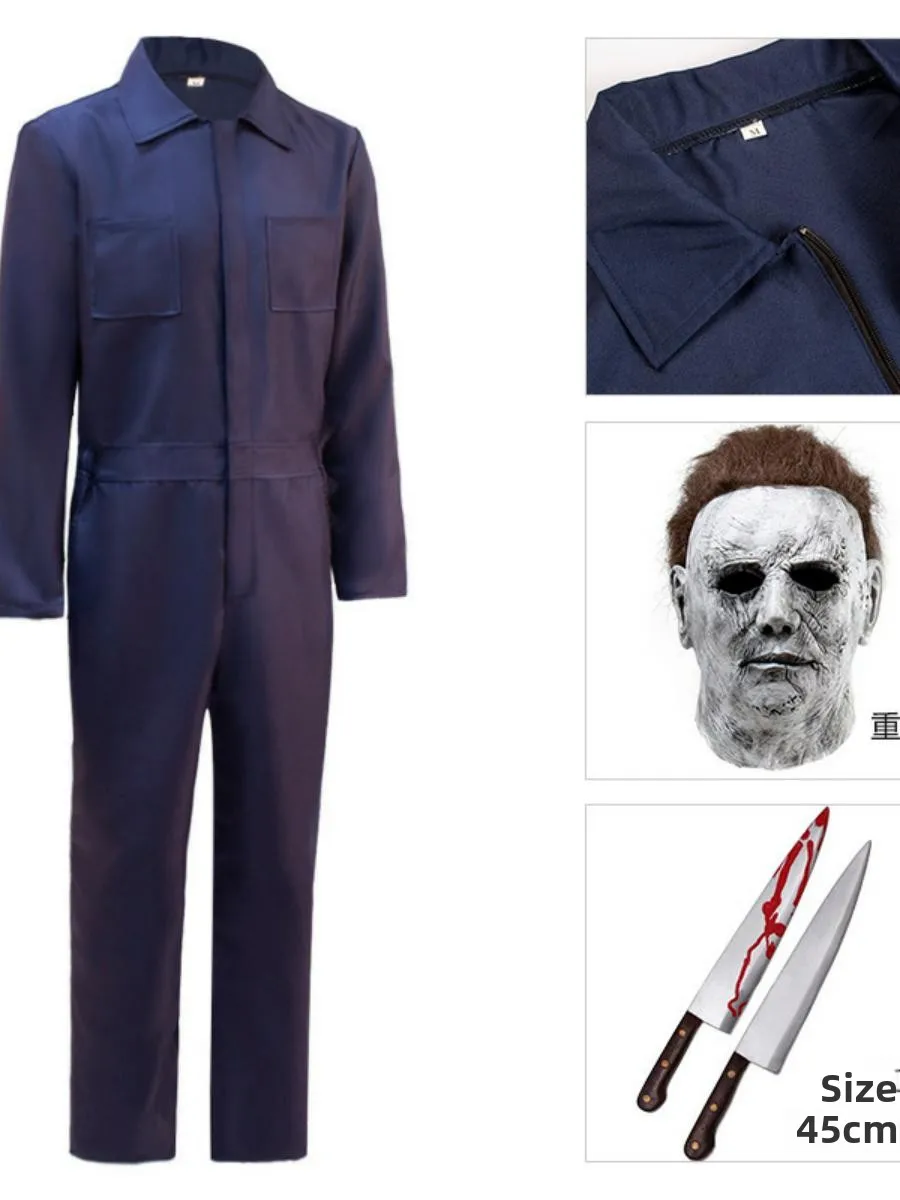 Halloween Death God Jumpsuit Volledige set Kleding Maanlicht Paniek Massacre Cosplay Michael Myers Clete Kostuum Polyester