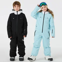 Outdoor Sport Mountain Girls Skiing Jumpsuit Winter Waterproof Hooded Boy One Piece Snow Suit Hiking Children Snowboard Overalls