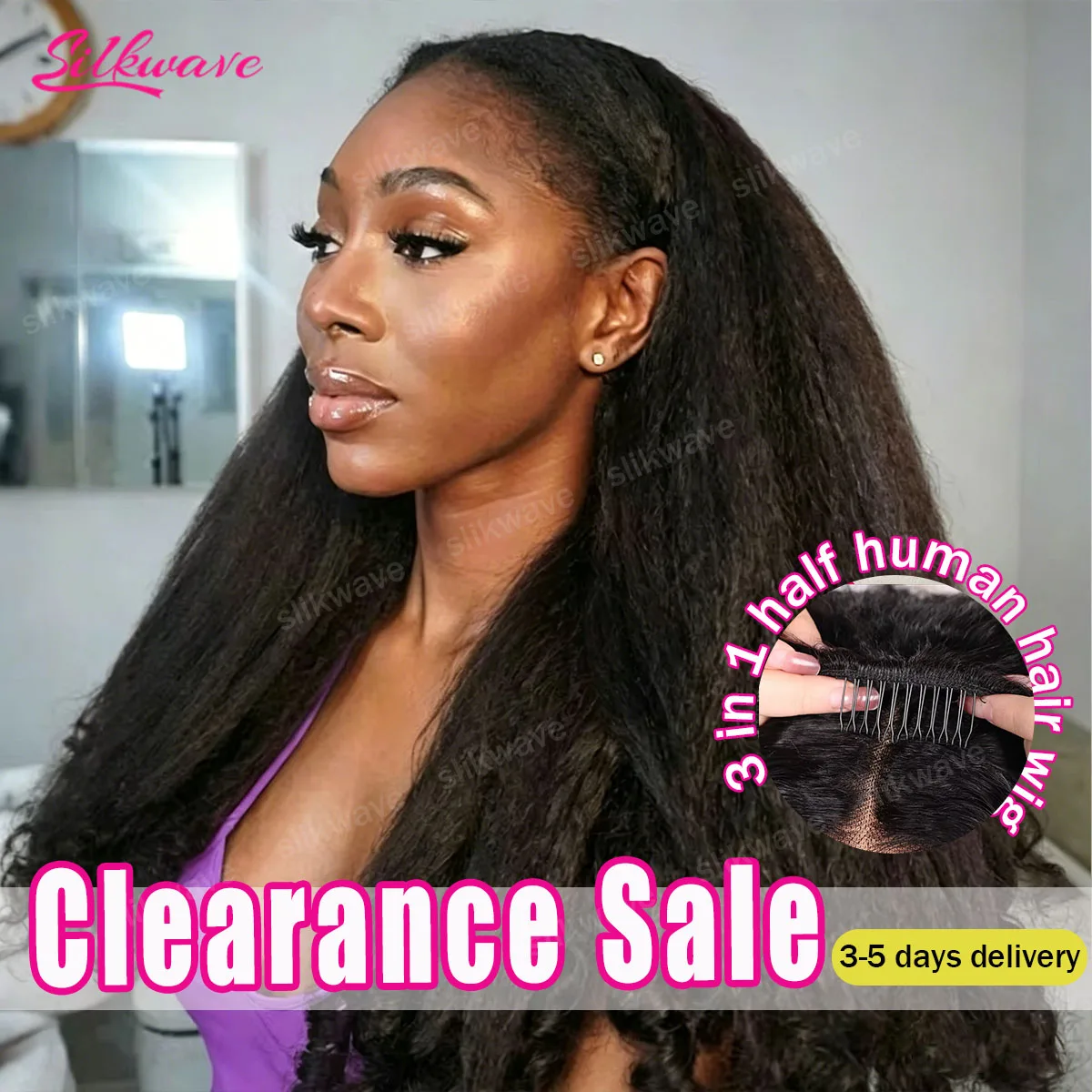 32 Inch Yaki Kinky Straight Half Wig Human Hair 200 Density Glueless Wig Ready to Wear 3 IN 1 Half Wigs With Drawstring Half Wig