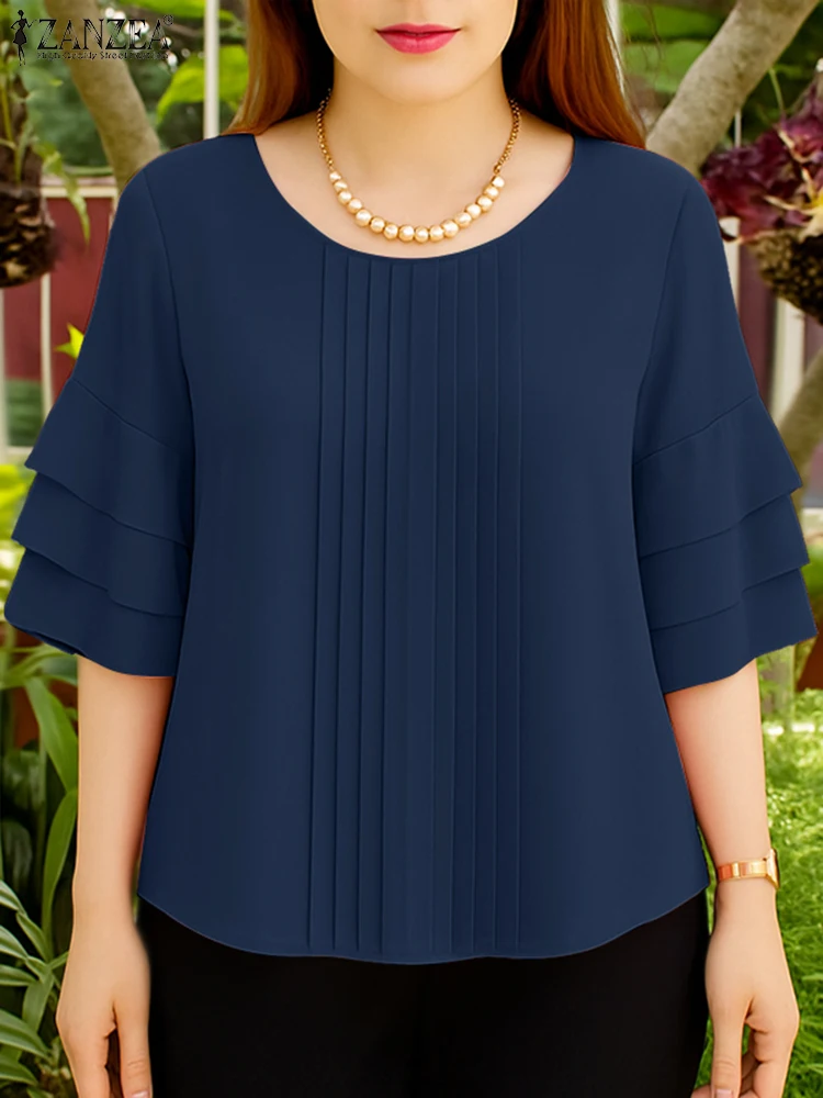 ZANZEA, blusas informales para mujer, otoño 2025, cuello redondo, volantes en capas, mangas 3/4, blusa de Color sólido, ropa diaria para mujer 3XL