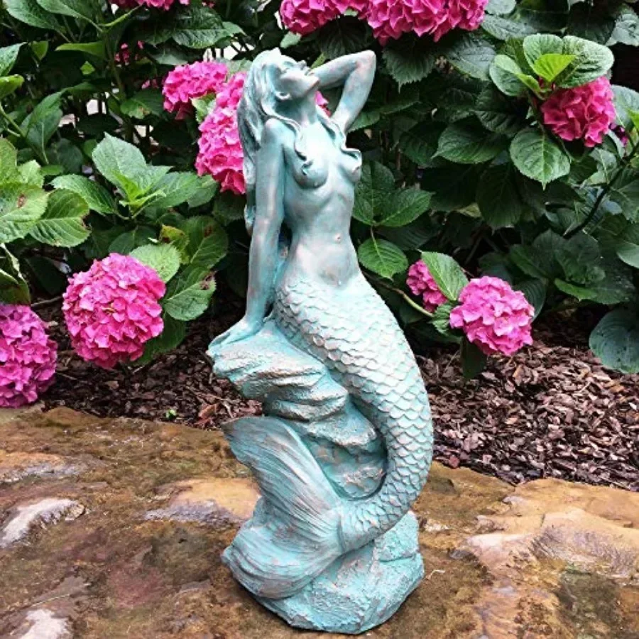 Medium Sexy Beach Mermaid on Rock 99311 Bronze Patina, 20 H: beach decor, bronze patina metal, bronze color, hand-finished arti