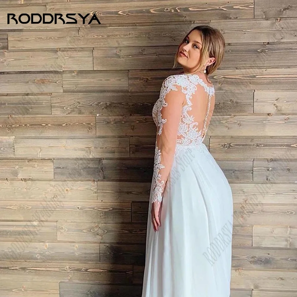 RODDRSY gaun pernikahan sifon sipil gaun pengantin ilusi lengan panjang ukuran Plus gaun pengantin Applique leher-v seksi vestido de noiva