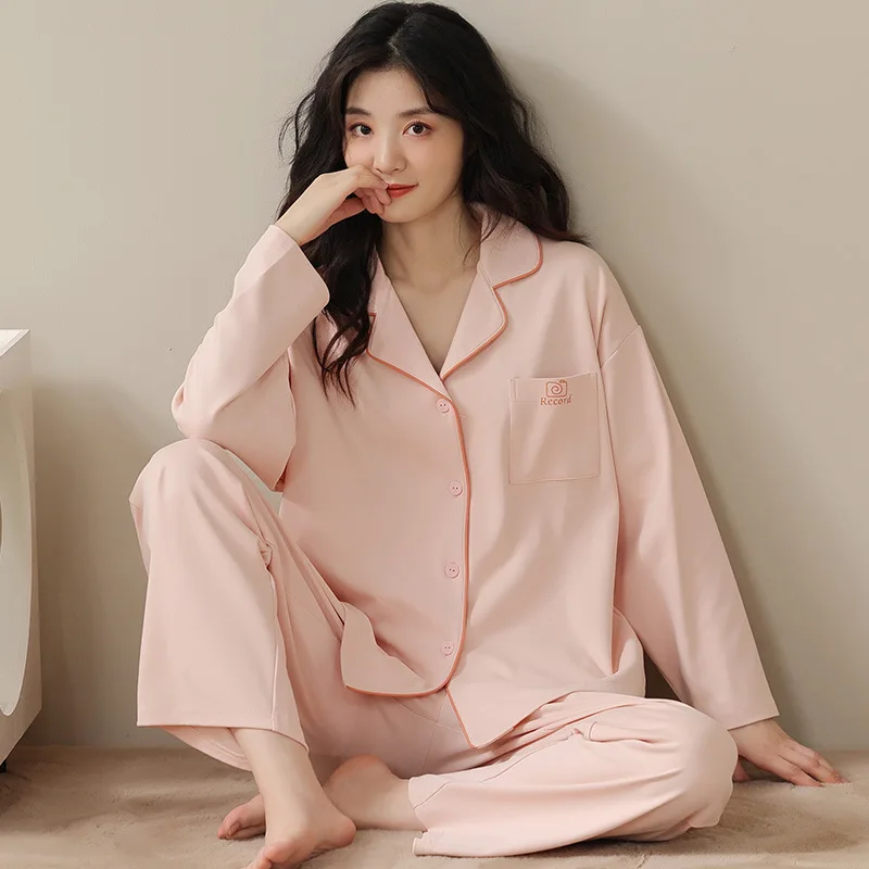 

Solid color pajamas women's cotton spring and autumn 2024 new cardigan spring long sleeve net red ins style loungewear set