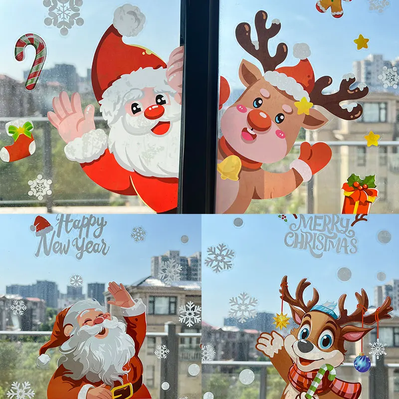 

Christmas Window Stickers Cartoon Mirror Shop Glass Cartoon Static Stickers Xmas New Year 2025 Santa Claus Elk Room Wall Decors