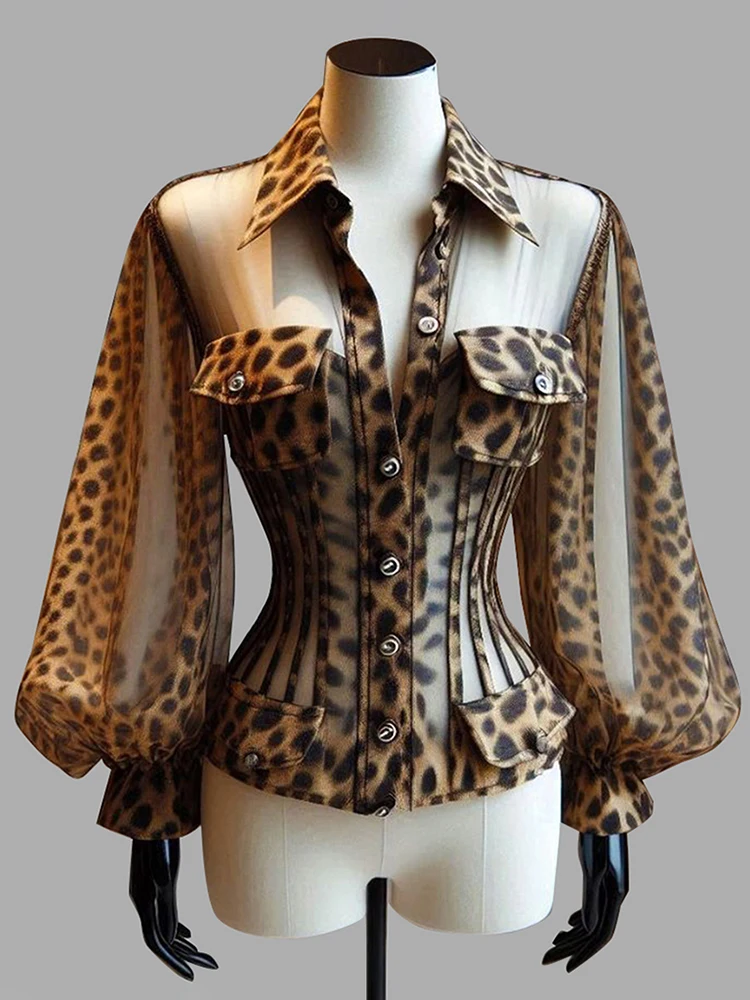 Women's Leopard Print Sheer Corset Blouse Sexy Mesh Long Bell Sleeves Button Up Slim Fit Summer Elegant Office Ladies Chic Shirt view 4