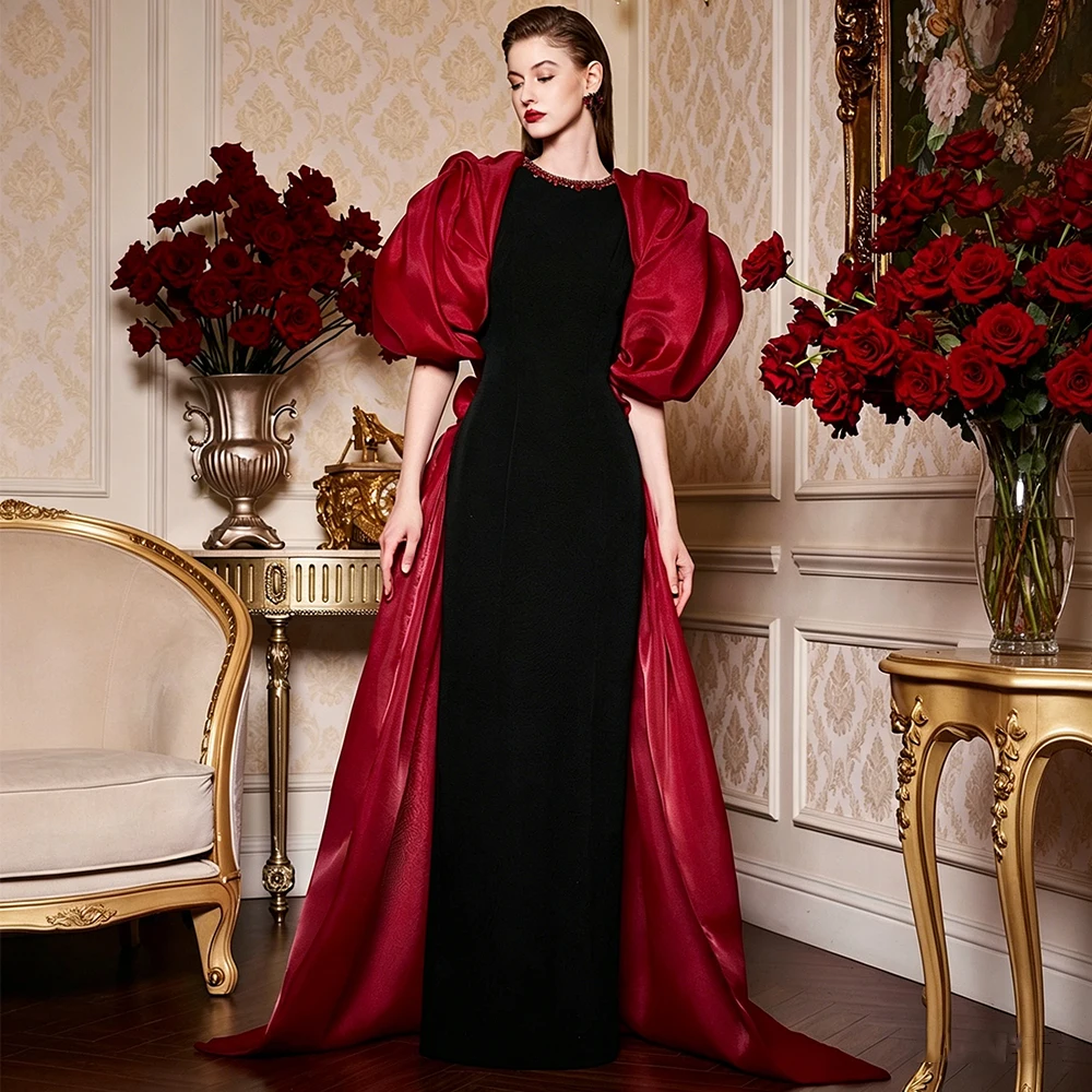 Maßgeschneidertes Modernes Abendkleid mit Kristallen, O-Ausschnitt und Puffärmeln, Luxuriöse Abendroben für Damen in Schwarz und Burgunderrot, Formelle Partykleider