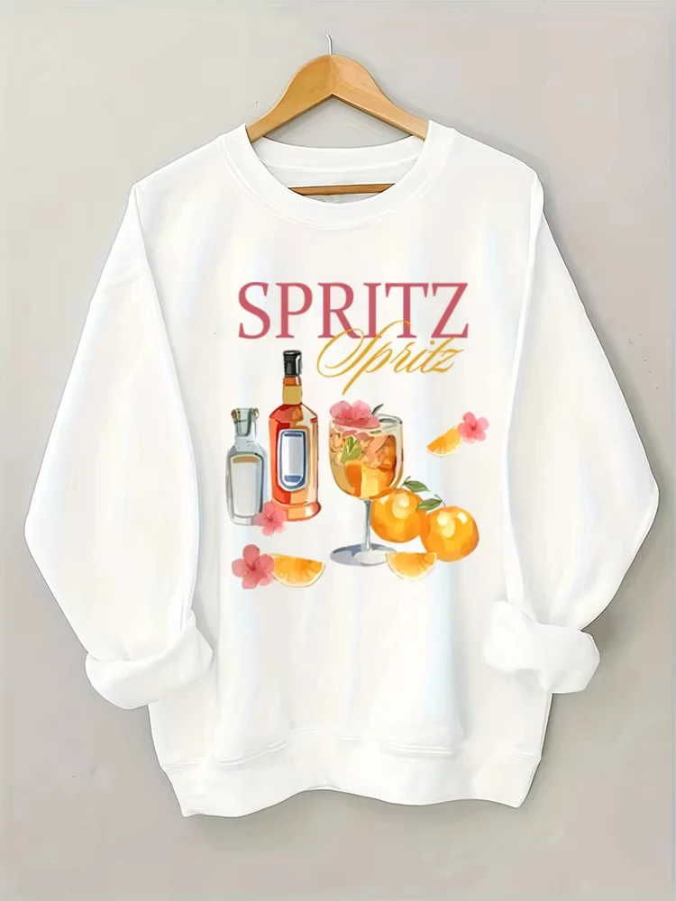 

Cartoon Cocktail Letter Print Sweatshirt Hoodies Long Sleeve Graphic Top Women's Casual Pollver Perfect for Fall and Spring