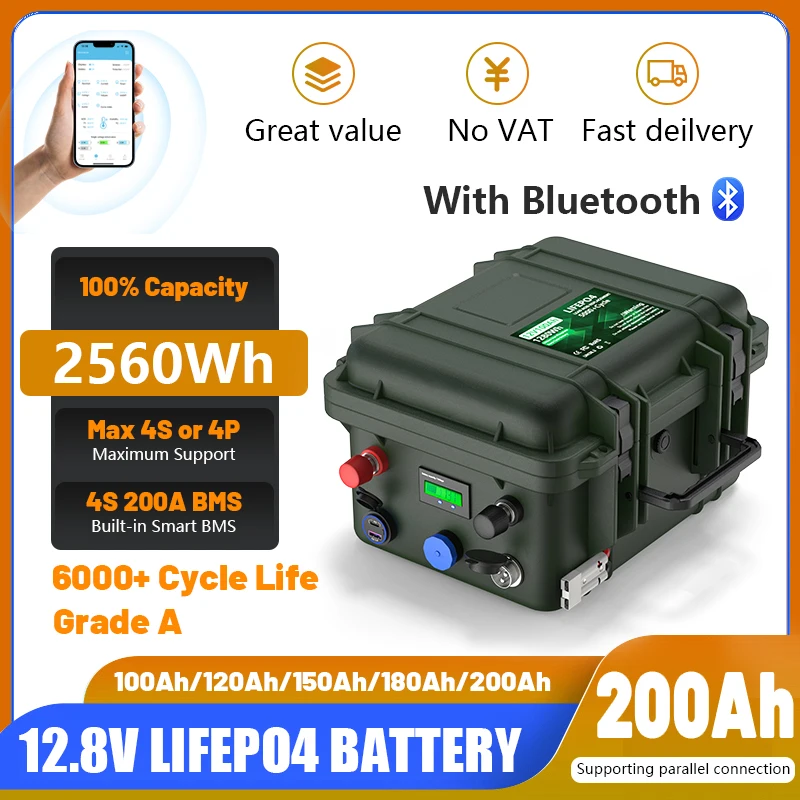 Batterie LiFePO4 12V 100Ah 200Ah 140Ah 12.8V au phosphate de fer et de lithium avec BMS Bluetooth, 6000+ cycles, pour bateau, livraison rapide UE