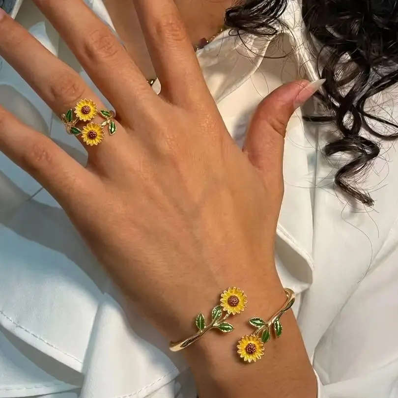 Enamel Camellia Sunflower Daisy Open Bracelet Ring Set Floral Jewelry Accessory Women Fashion Trend Gift Daily Accessory