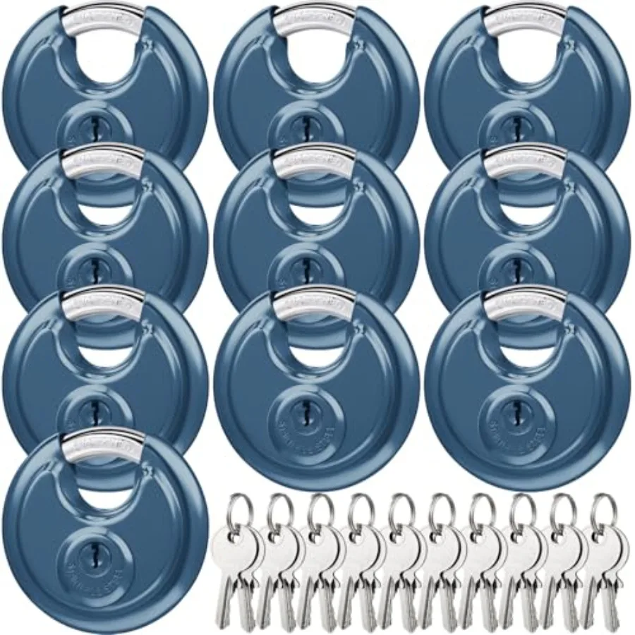 

10 Pcs Disc Padlocks Keyed Alike, 2-3/4 Inch Wide, Stainless Steel Round Storage Unit Lock with Same Key, Heavy Duty Waterproof