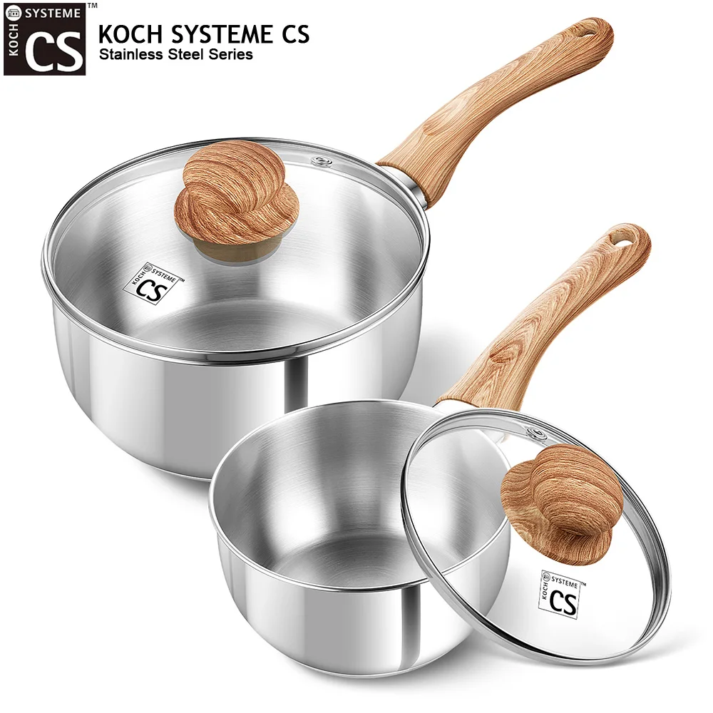KOCH SYSTEME CS 4-Piece Stainless Steel Saucepan Set 1QT 2QT Stainless Steel Milk Pot Stewpot with Heat-resistant Bakelite Handle Sauce Pan with Lid Steel Pots Induction Ready
