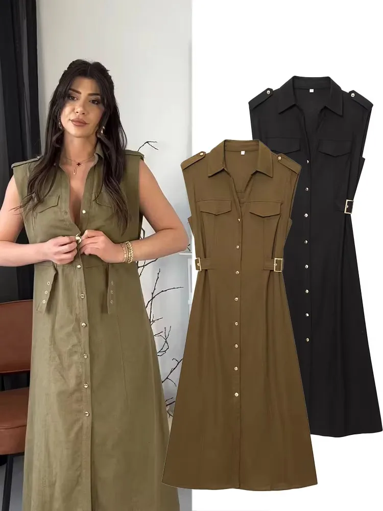 

HH Women Summer Fashion Linen Lapel Sleeveless 4-Color Midi Dress Female Simple Single Breasted Belt Decorative Casual Dress