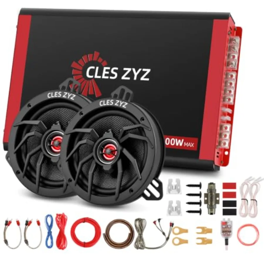 Car Speaker Amplifier Combo Kit: 4-Channel Amp + 6.5 Coaxial Speakers Pair,Polypropylene Cones, Black, Complete Wiring Kit, Eas