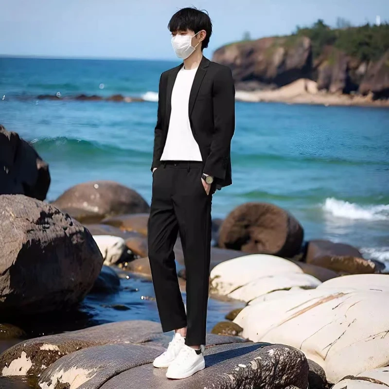 Men's Lightweight Summer Suit Set Slim Fit Casual Blazer Pants Korean Style Fashion Formal Wear