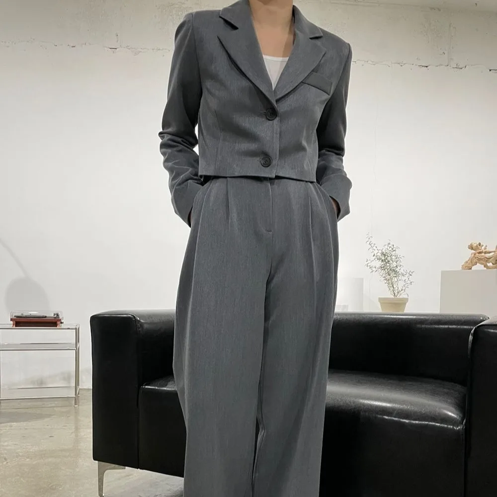 シックな韓国風レディーススーツセット カジュアルルーズロングパンツ ジャケットツーピースセット 秋ファッションアウトフィット ロングスリーブ...