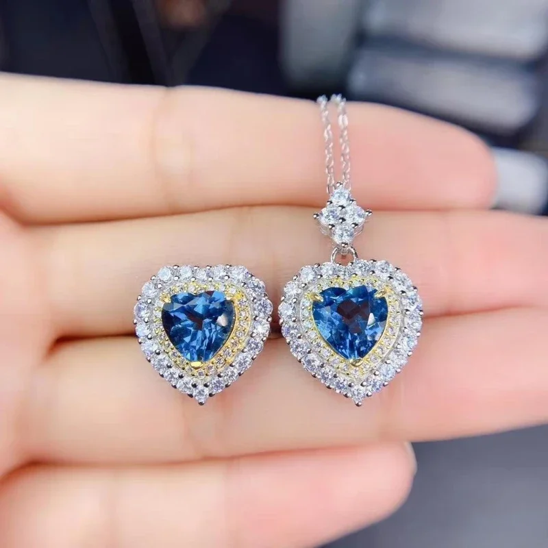 

Кольцо с натуральным синим топазом, кулон в форме сердца, стерлинговое серебро 925 пробы, изысканный новый комплект для девочек, тест на поддержку, высокие ювелирные изделия