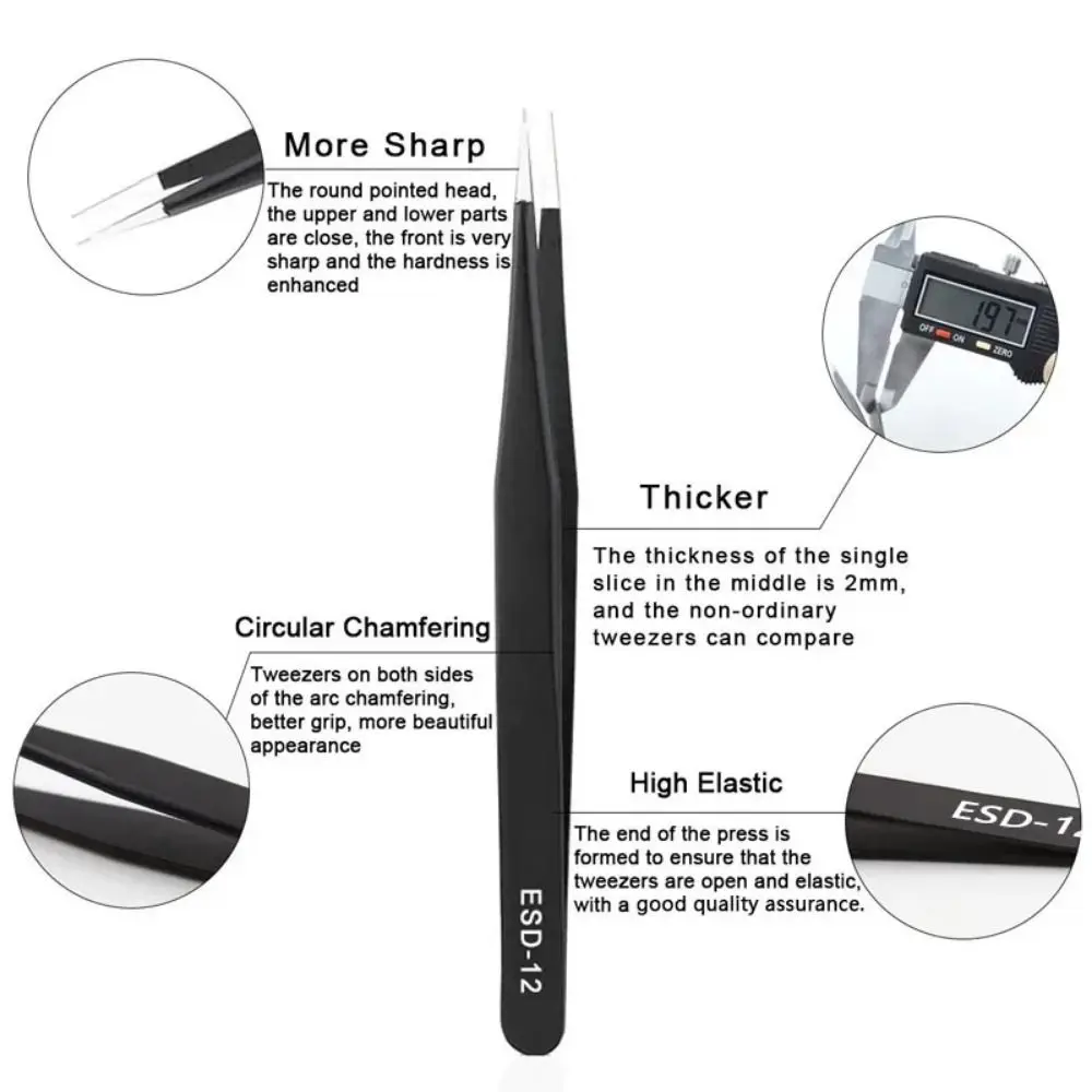 9/10pcs Curved/Straight Design Precision Tweezers Set Durable Black Anti-Static Tweezers Hand Tools with Storage Bag