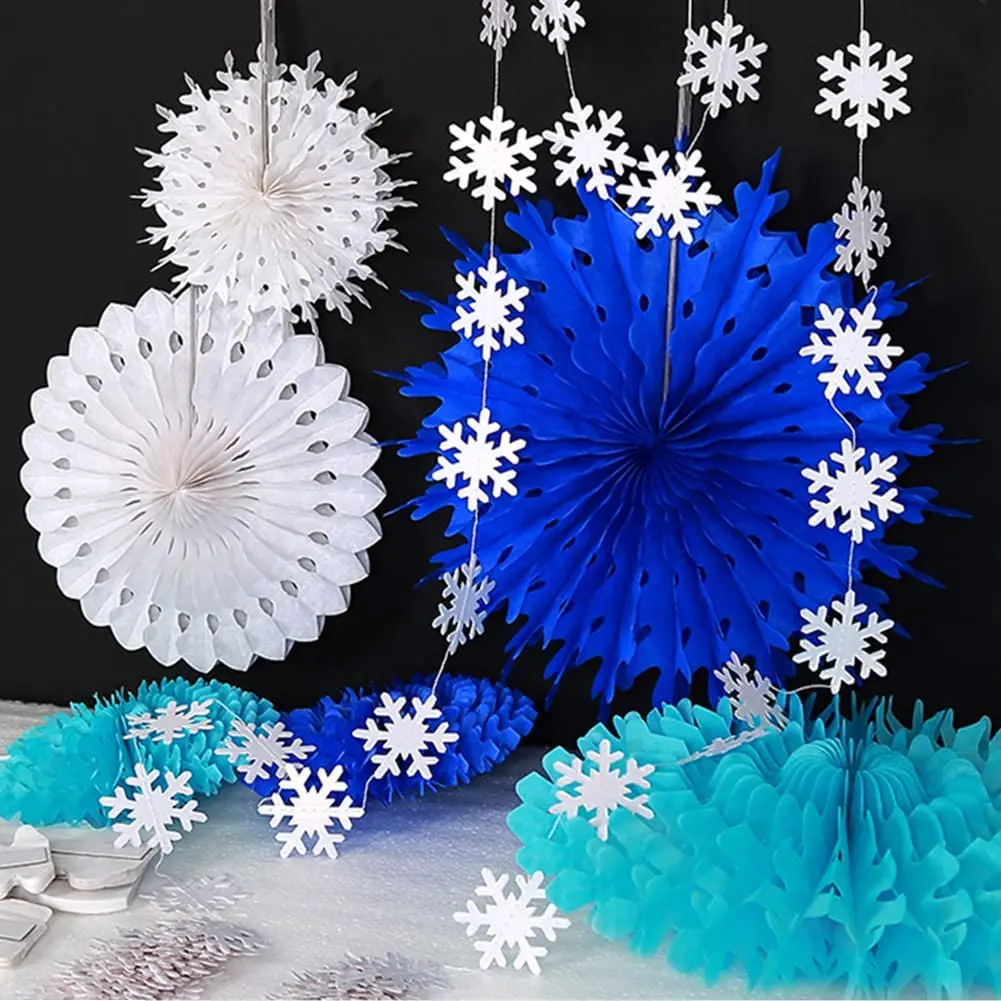 12Pcs Frozen Christmas Party Decor Paper Fan Snowflakes Blue White Snowflakes Winter Wonderland Birthday Party Wall Decoration