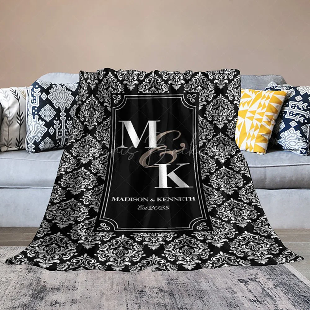 Black White Retro Pattern Custom Couple Name 50x60in Blanket, Personalized Gift for Wedding Anniversary