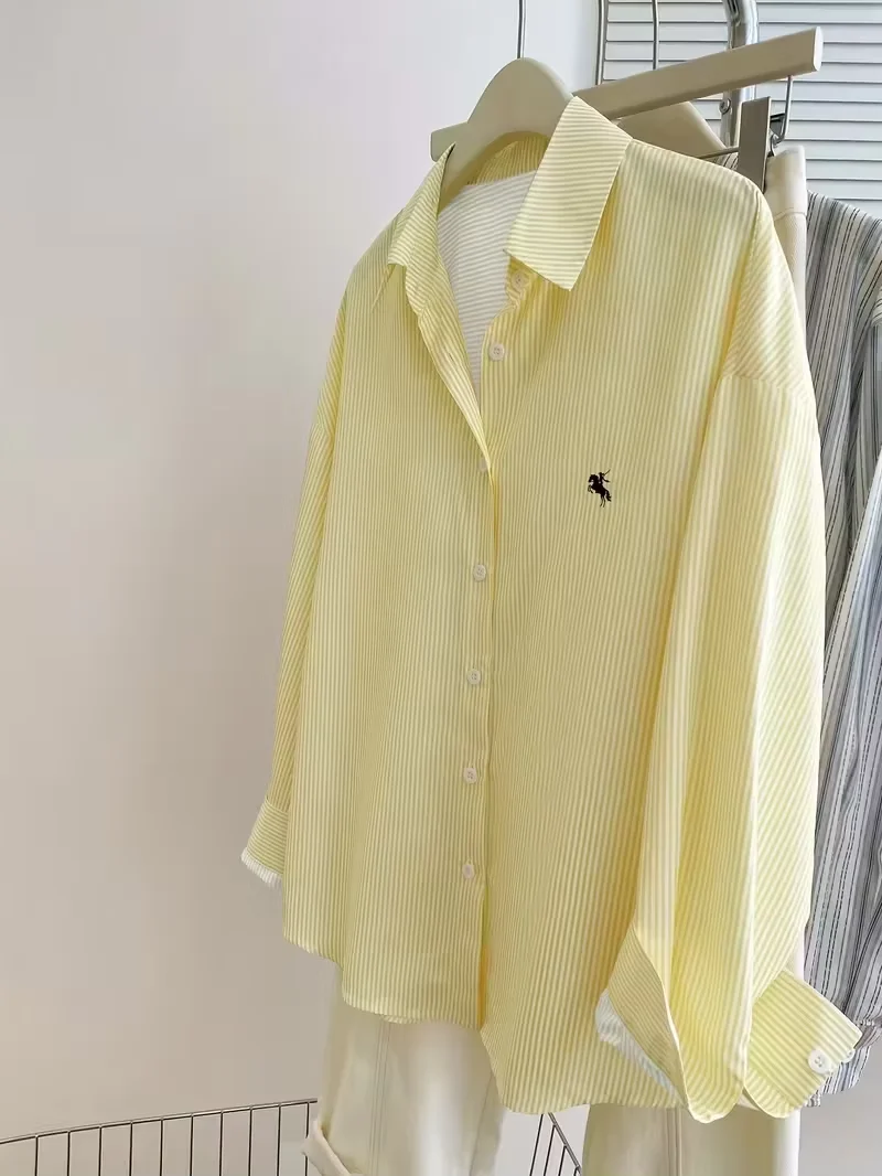 Women's Striped Knight Print Front Button-Up Casual Long Sleeve Shirt
