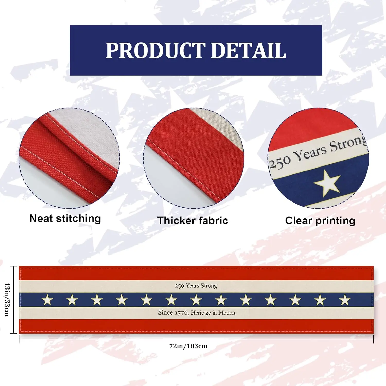 America 250th Table Runner - 1PC Patriotic Vintage USA Flag 1776 Memorial Day Outdoor Backyard BBQ Party Cover