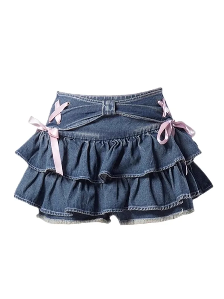 Sweet Cool Blue Denim Skirt for Women Y2k E-Girl High Waist Ruched A-line Skirts 2034 Summer New Bow Lace Up Faldas Mujer