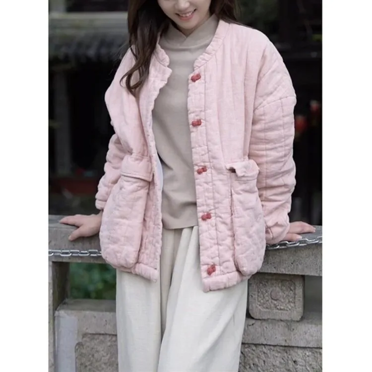 

Утепленная короткая хлопковая куртка в стиле ретро, женская зимняя новинка в китайском стиле, художественный простой дизайн, верхняя одежда из льна и хлопка