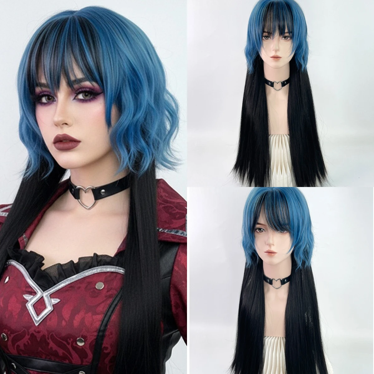 

Blue Black Long Wigs With Bangs Mullet Head Wig Synthetic Straight Women Men Lolita Cosplay Wig For Daily Party Heat Resistant